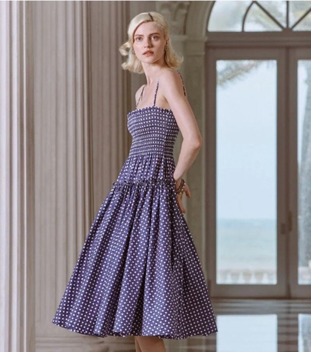 HILL HOUSE Sz XS Blue Basketweave Print Seraphina Midi Dress